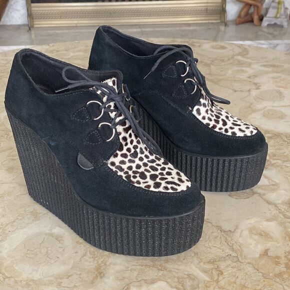 UNDERGROUND Black Leather & Leopard Bovine Fur Platform Wedge Creepers - Picture 1 of 15